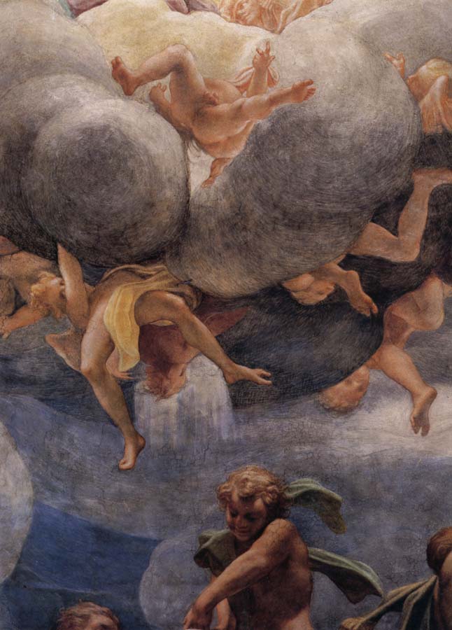 Correggio Assumption of the Virgin,details with Eve,angels,and putti