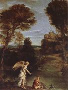 Domenichino, Landscape with Tobias as far hold of the fish
