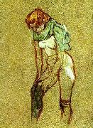toulouse-lautrec, kvinna som drar pa sig strumpan