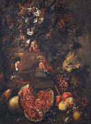 Anonymous, Stilleben mit Blumen, aufgeschnittener Melone und anderem Obst sowie einem Papagei