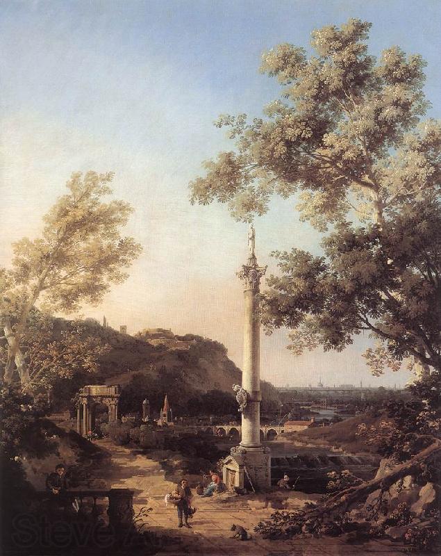 Canaletto Capriccio: River Landscape with a Column f Norge oil painting art