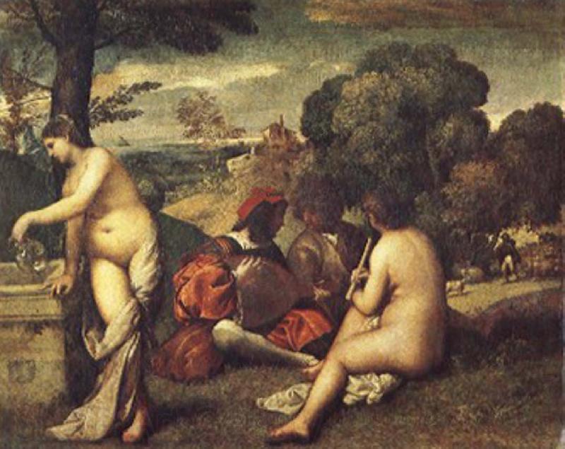 Giorgione Pastoral ensemble Spain oil painting art
