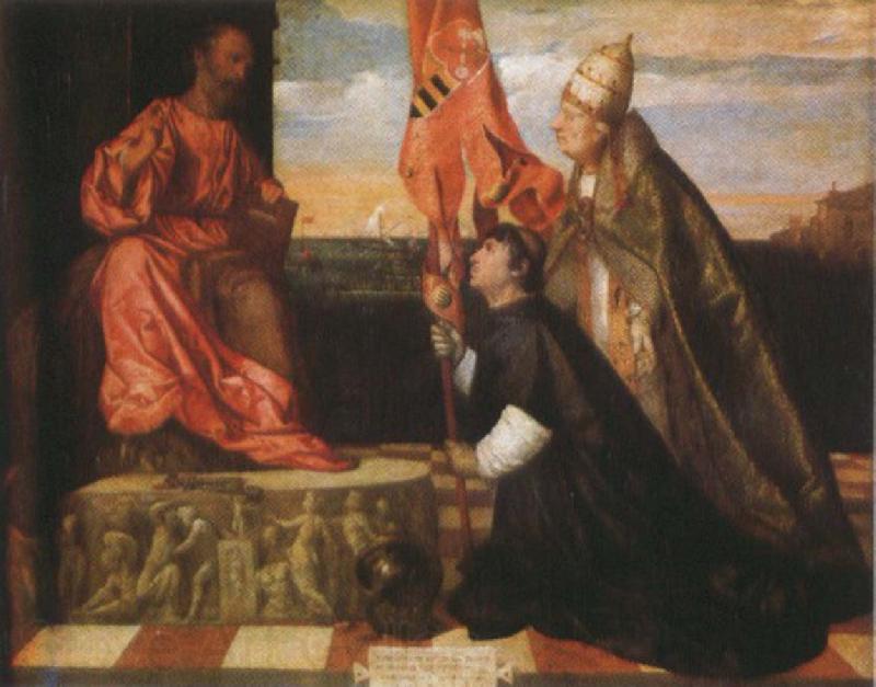 Titian By Pope Alexander six th as the Saint Mala enterprise's hero were introduced that kneels in front of Saint Peter's Ge the cloths wears Salol France oil painting art
