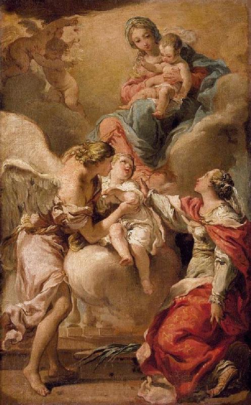 Gandolfi,Gaetano St Giustina and the Guardian Angel Commending the Soul of an Infant to the Madonna and Child Spain oil painting art
