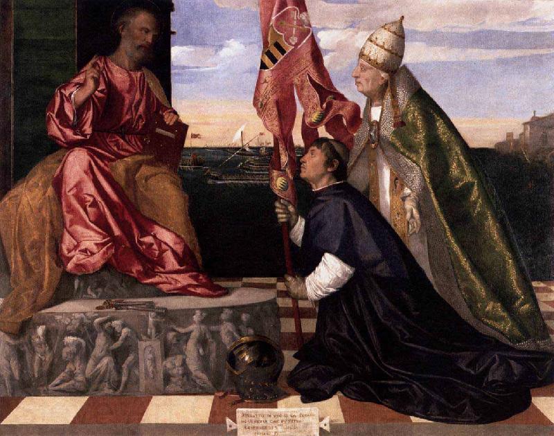 Titian Jacopo Pesaro being presented by Pope Alexander VI to Saint Peter Spain oil painting art