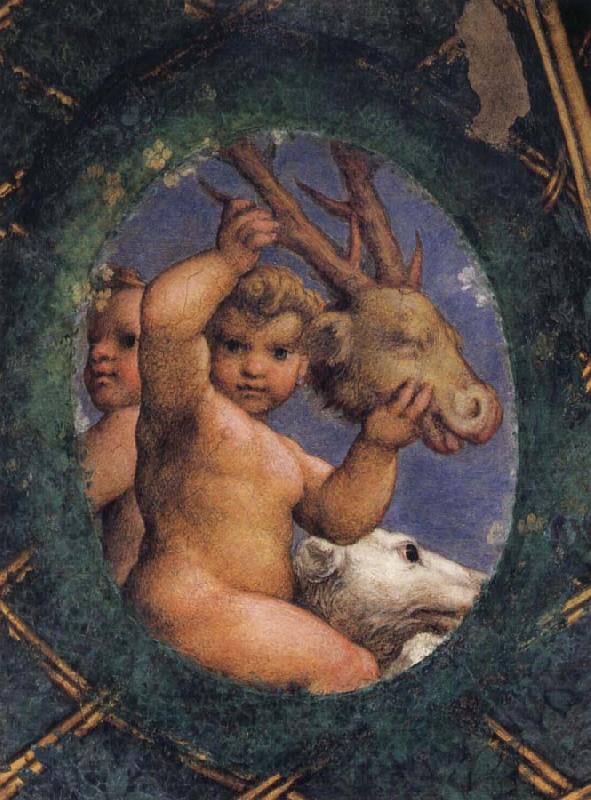Correggio Two ovals depicting a putto with a stag's head and a putto with a greyhound Spain oil painting art