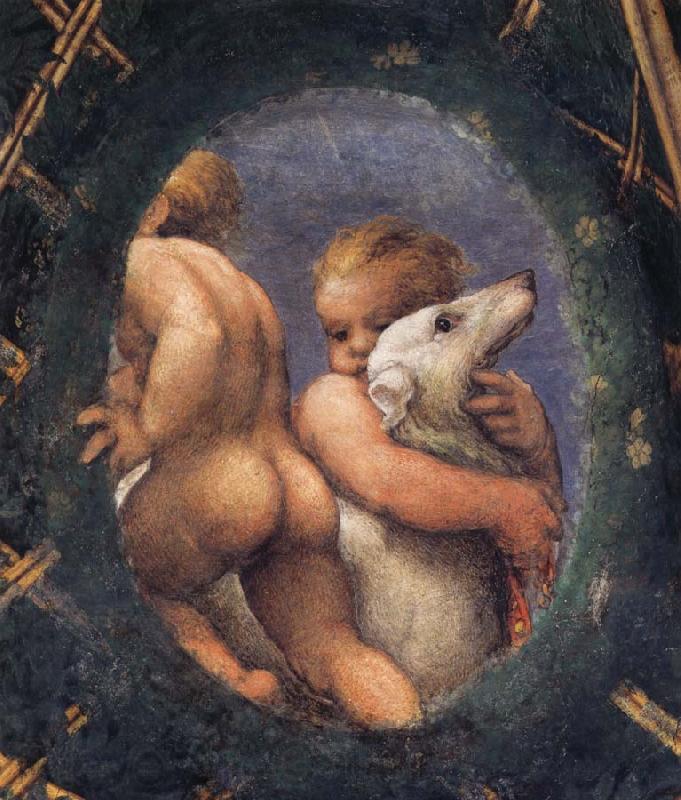 Correggio Detail of an oval with a putto embracing a dog Germany oil painting art